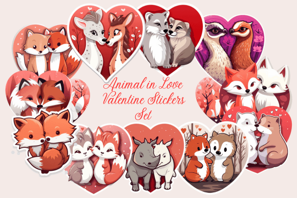 Animal in Love Valentine Stickers Set: Charming Digital Assets