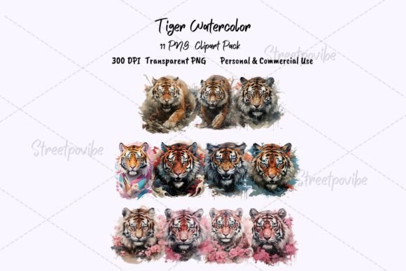 Animal Tiger Watercolor Clipart PNG Pack: A Designer's Asset