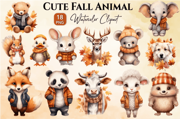 Charming Autumn Art: Watercolor Animal Clipart for Creatives