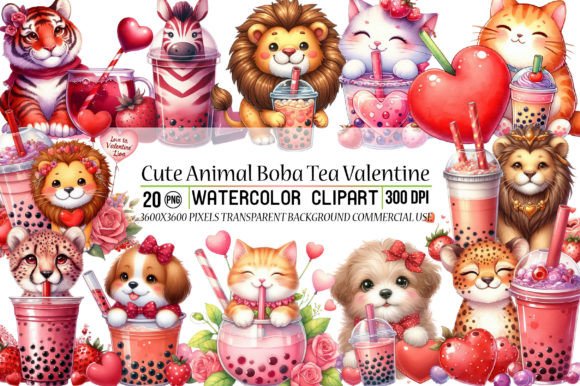 Cute Animal Boba Tea Valentine Bundle: Design Applications